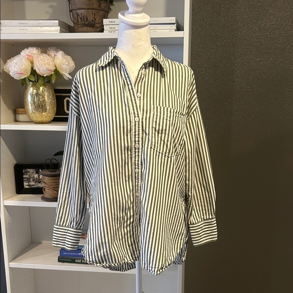 Maeve by Anthropologie Green and White Striped Button Down Shirt